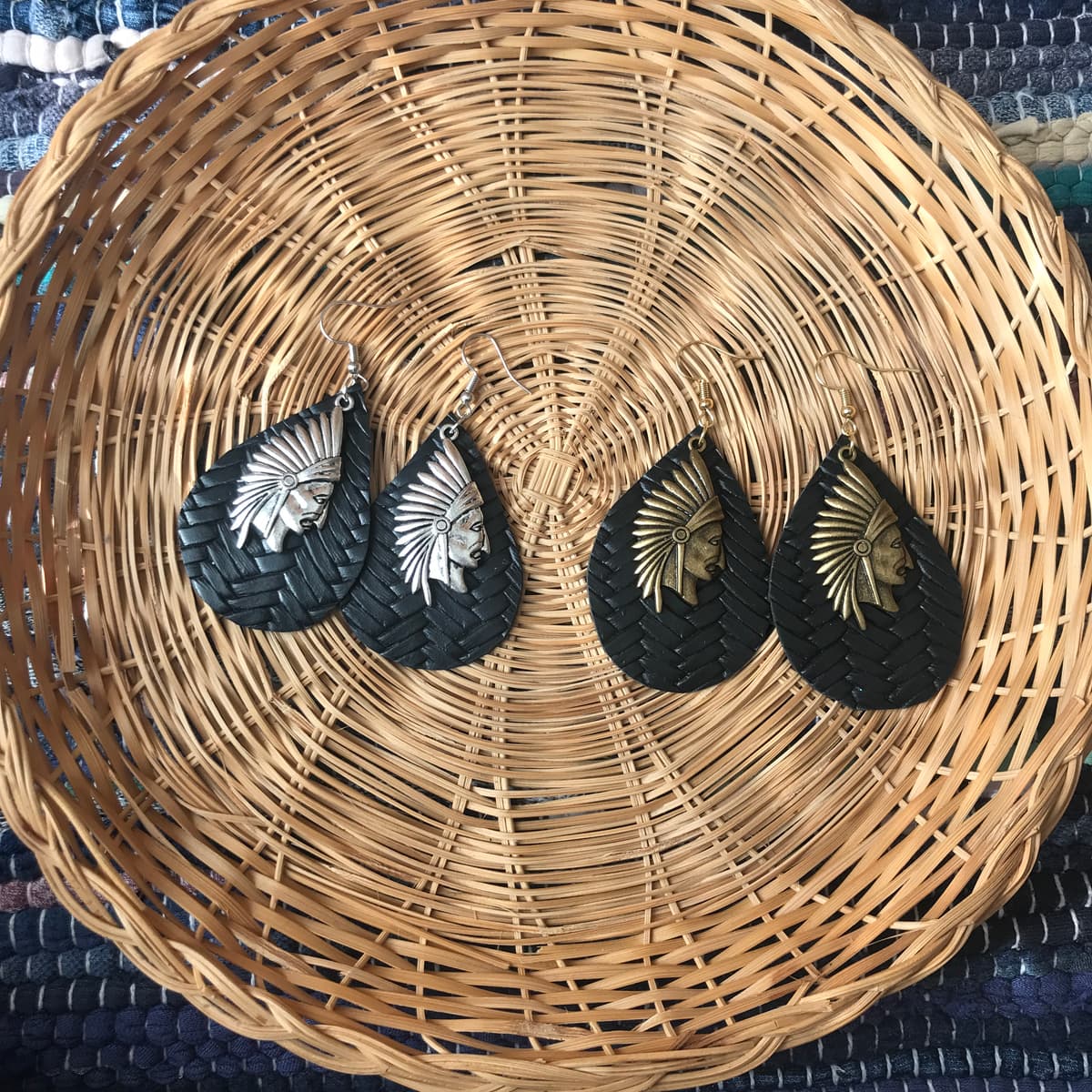 The selected image of Silver and Bronze Metal Native American and Black Braided Faux Leather Earrings