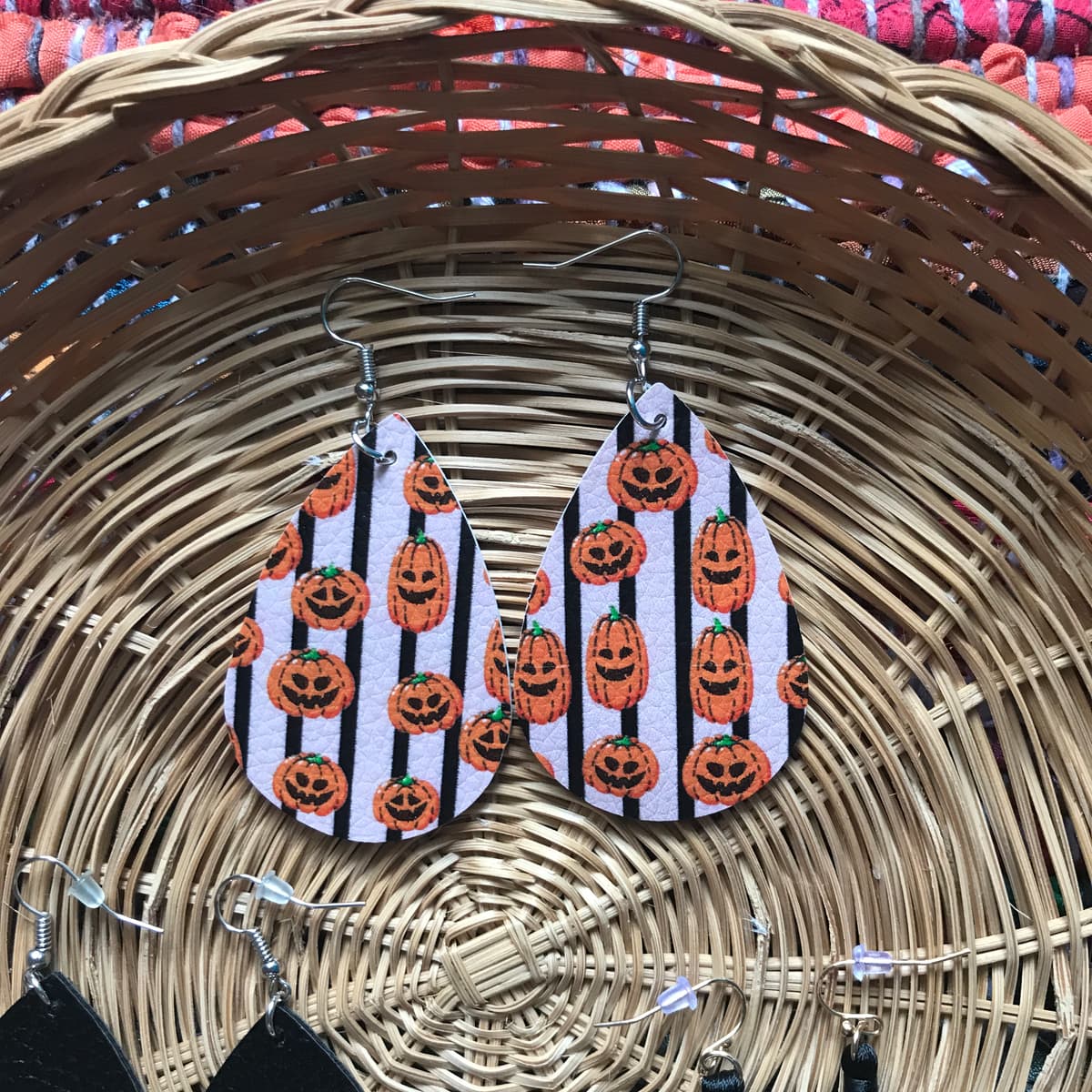 The selected image of Striped Jack-o-Lantern Halloween Faux Leather Earrings