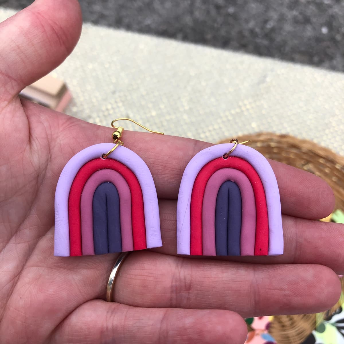 The selected image of Pink and Purple Polymer Clay Rainbow Arch Dangle Earrings