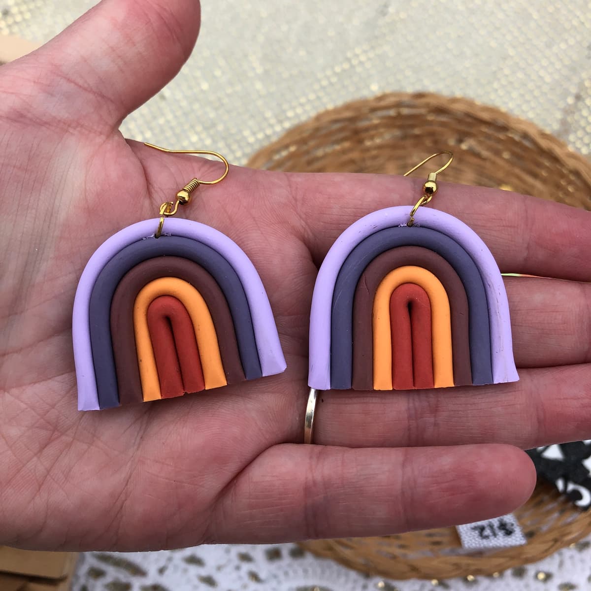The selected image of Purple and Orange Rainbow Arch Polymer Clay Earrings 