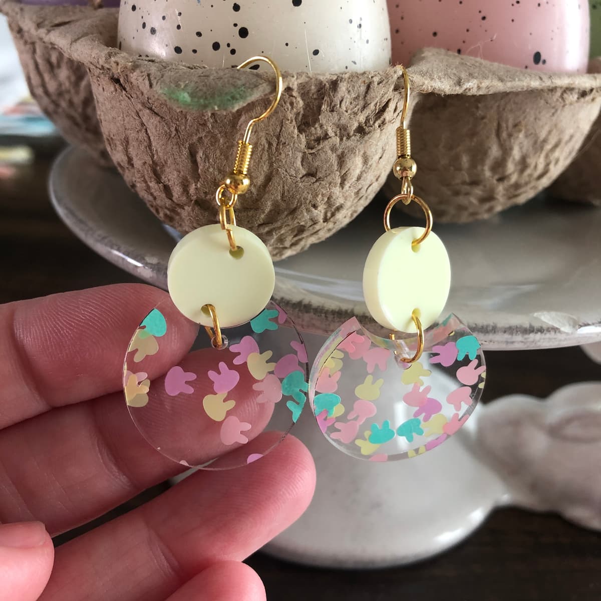 The selected image of Pastel Glitter Acrylic Bunny Dangle Earrings