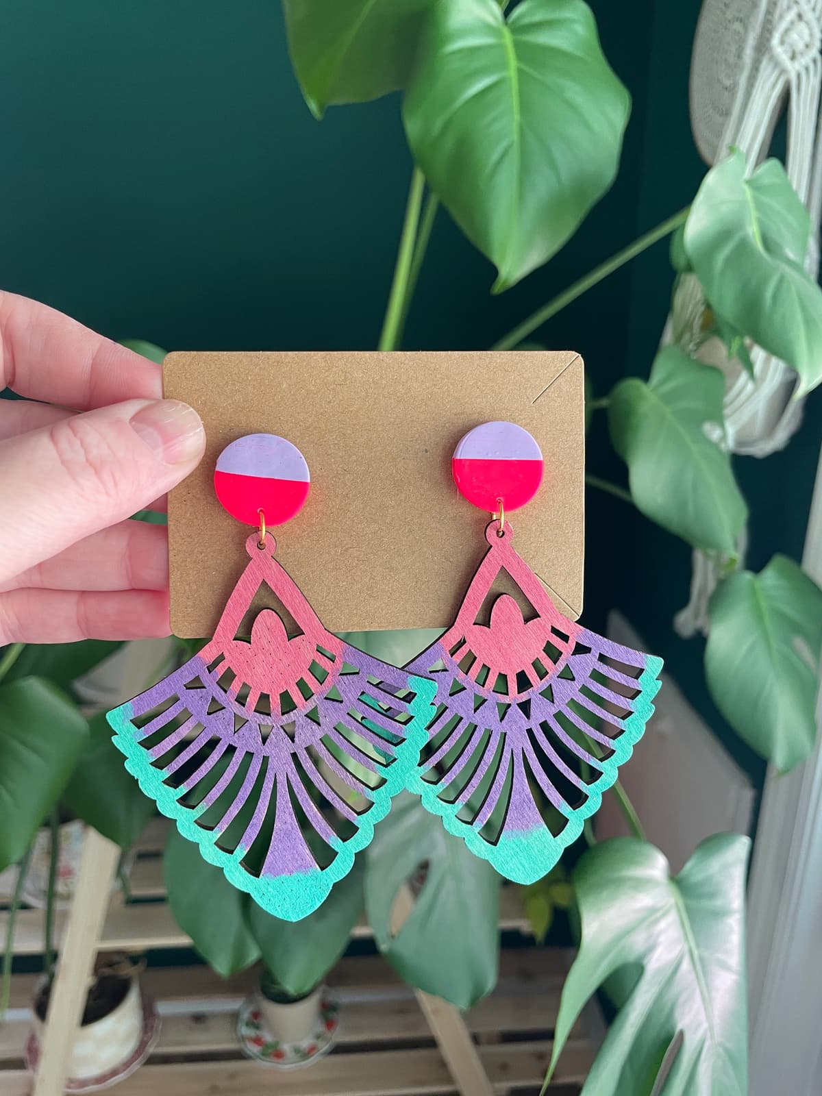 The selected image of Pink, Blue, and Purple Large Wood and Polymer Clay Fan Earrings