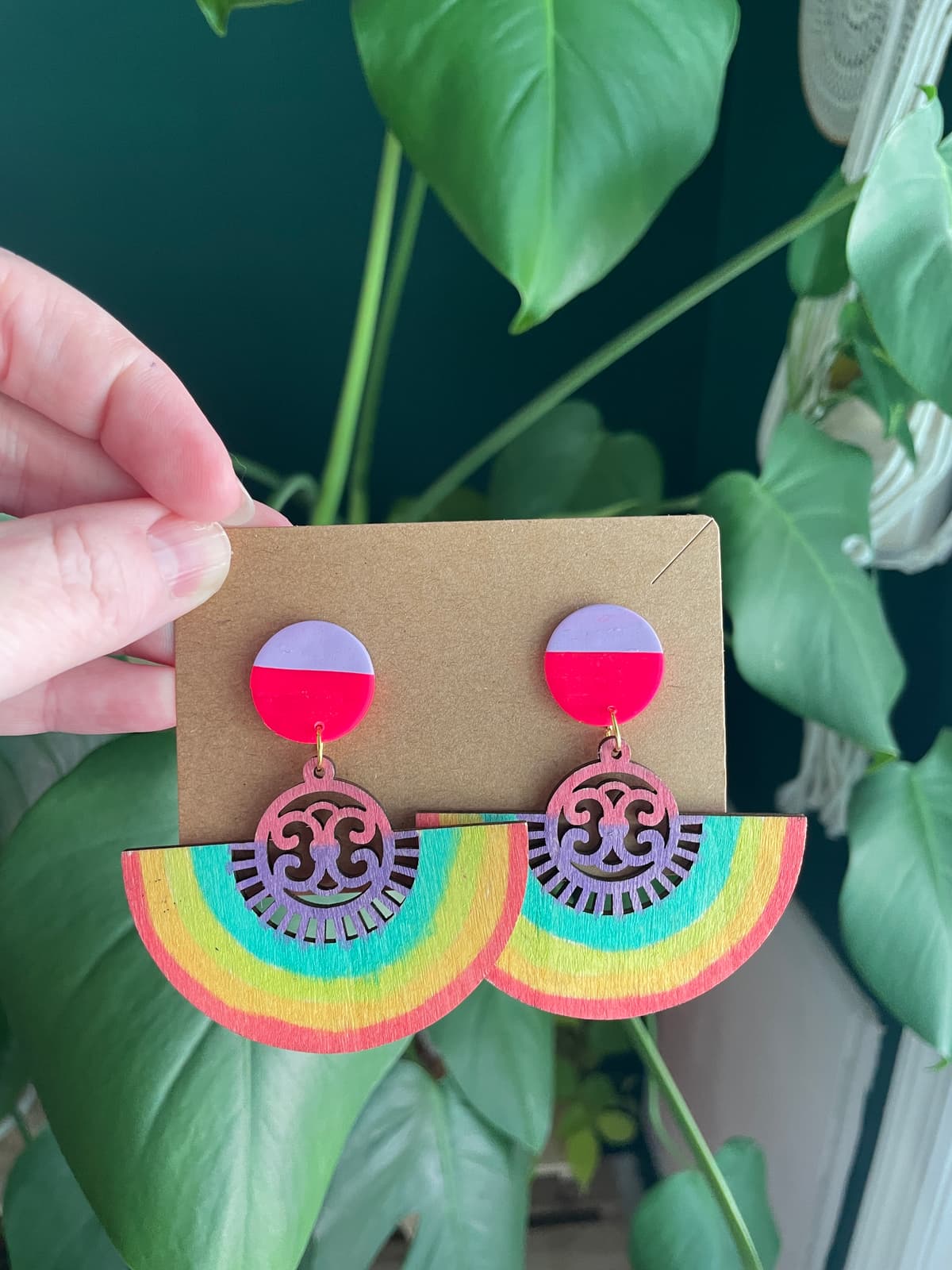 The selected image of Large Wood and Polymer Clay Rainbow Fan Earrings