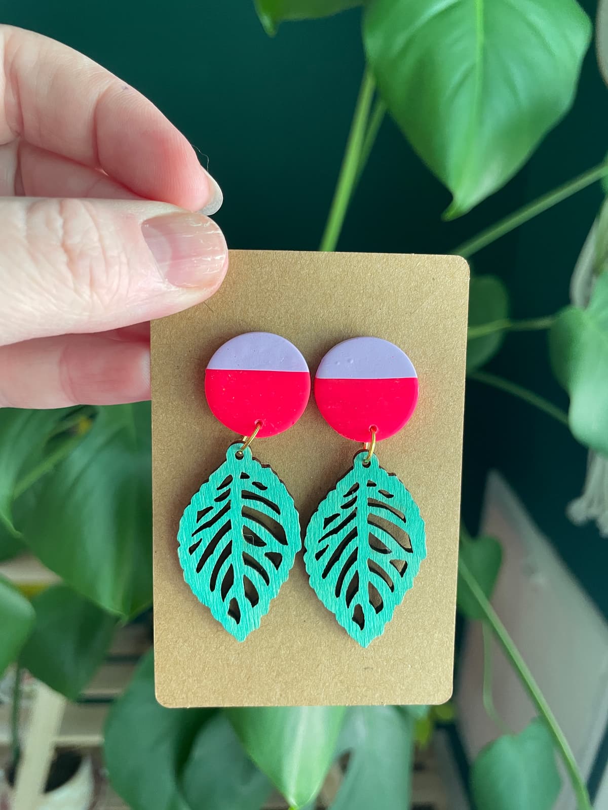 The selected image of Pink, Purple, and Green Funky Leaf Wood and Polymer Clay Statement Dangle Earrings