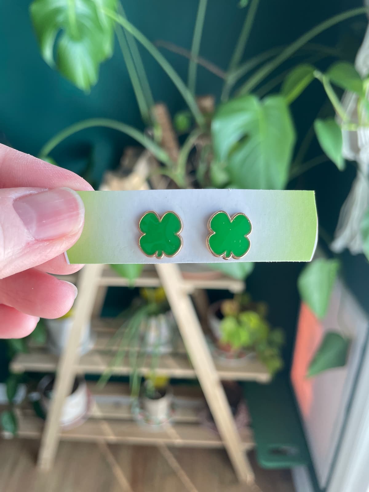 The selected image of Green and Gold Shamrock Stud Earrings