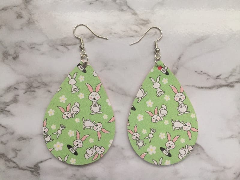 The selected image of Green and White Bunny Easter Faux Leather Earrings