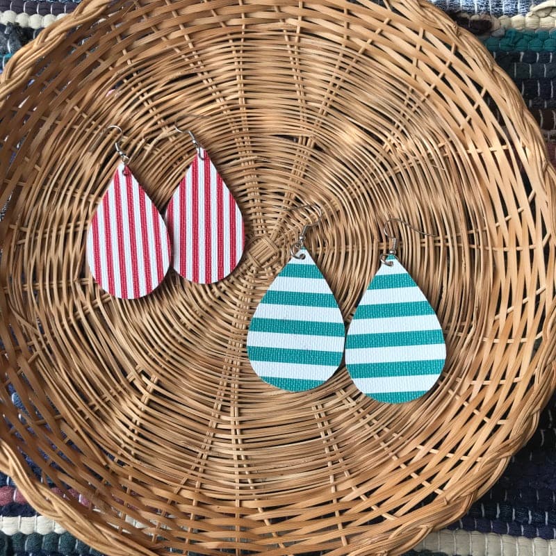 The selected image of Red and White or Red and Green Stripe Faux Leather Earrings