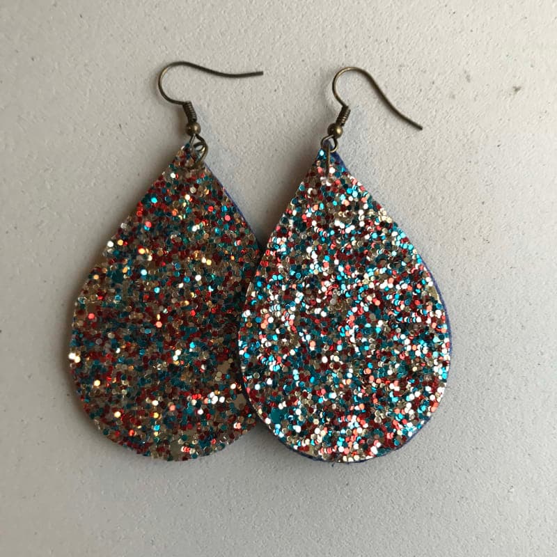 The selected image of Red, Blue, and Silver Sparkly Dangle Earrings