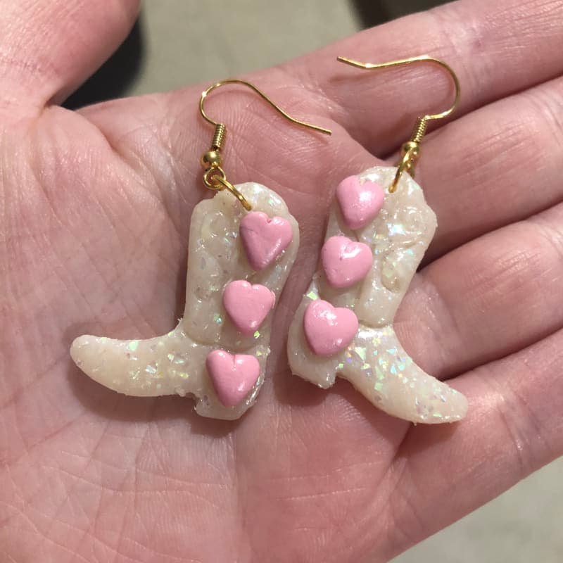 The selected image of Opal and Pink Cowgirl Boot Dangle Earrings