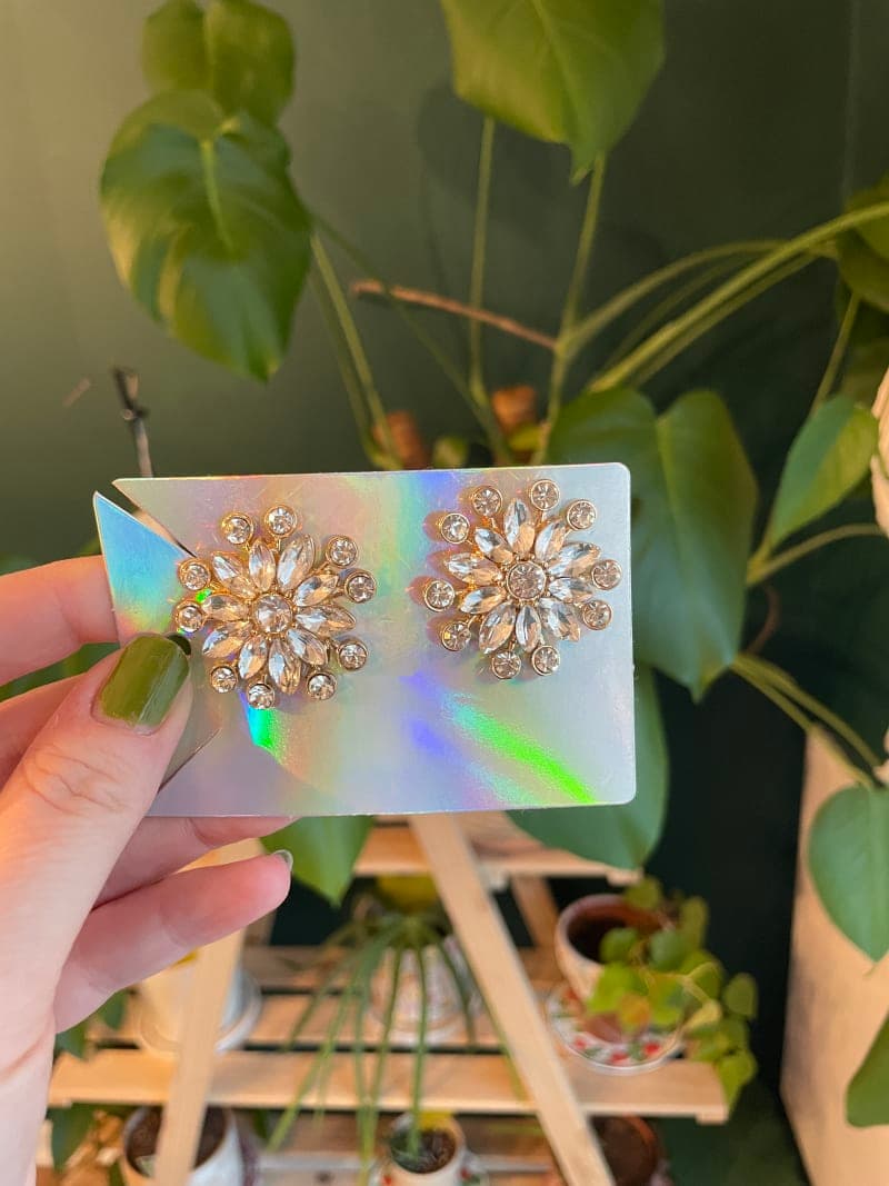 The selected image of Faux Gold and Faux Diamond Sunburst Costume Jewelry Large Stud Earrings