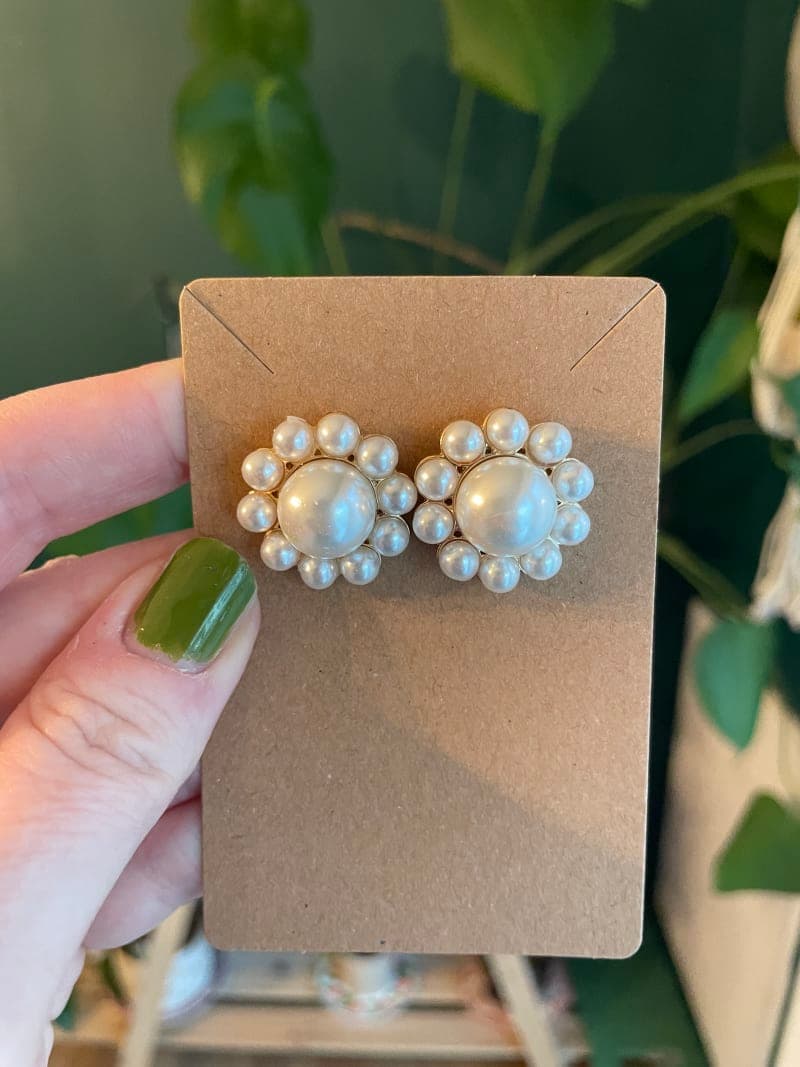 The selected image of Faux Pearl and Faux Gold Daisy Large Stud Costume Jewelry Earrings