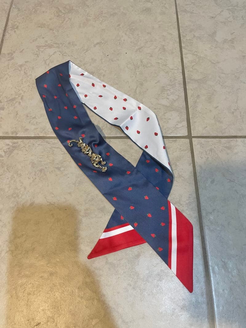 The selected image of Reverible Red, Blue, and White Strawberry Patterned Twilly Necklace with Tiger Brooch