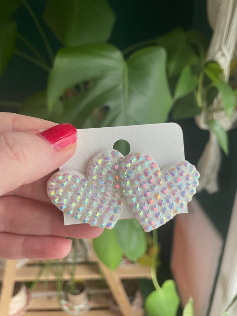 The selected image of Sparkly White Large Heart Studs