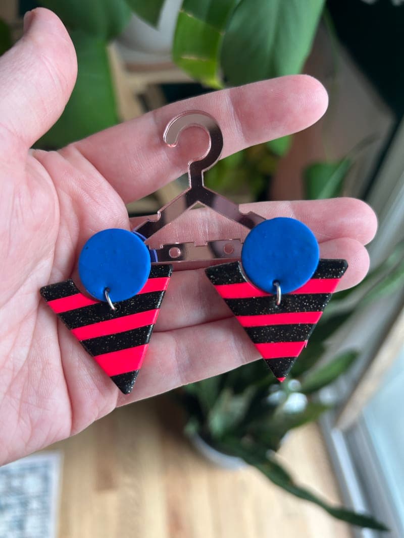 The selected image of Blue, Neon Pink, and Black Sparkly Geometric Emo Dangles